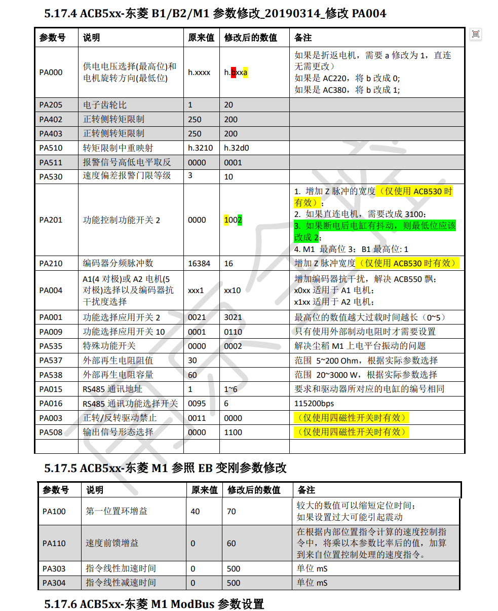 ACB5xx‐东菱B1B2M1参数修改_20190314_修改PA004